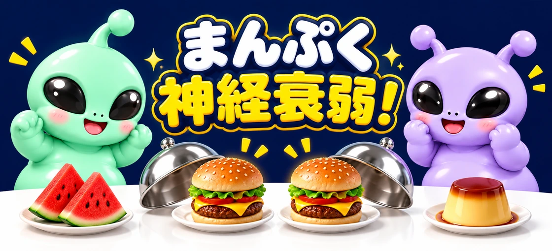触角1本の宇宙人と触角2本の宇宙人が、同じ料理を見つけて大喜び